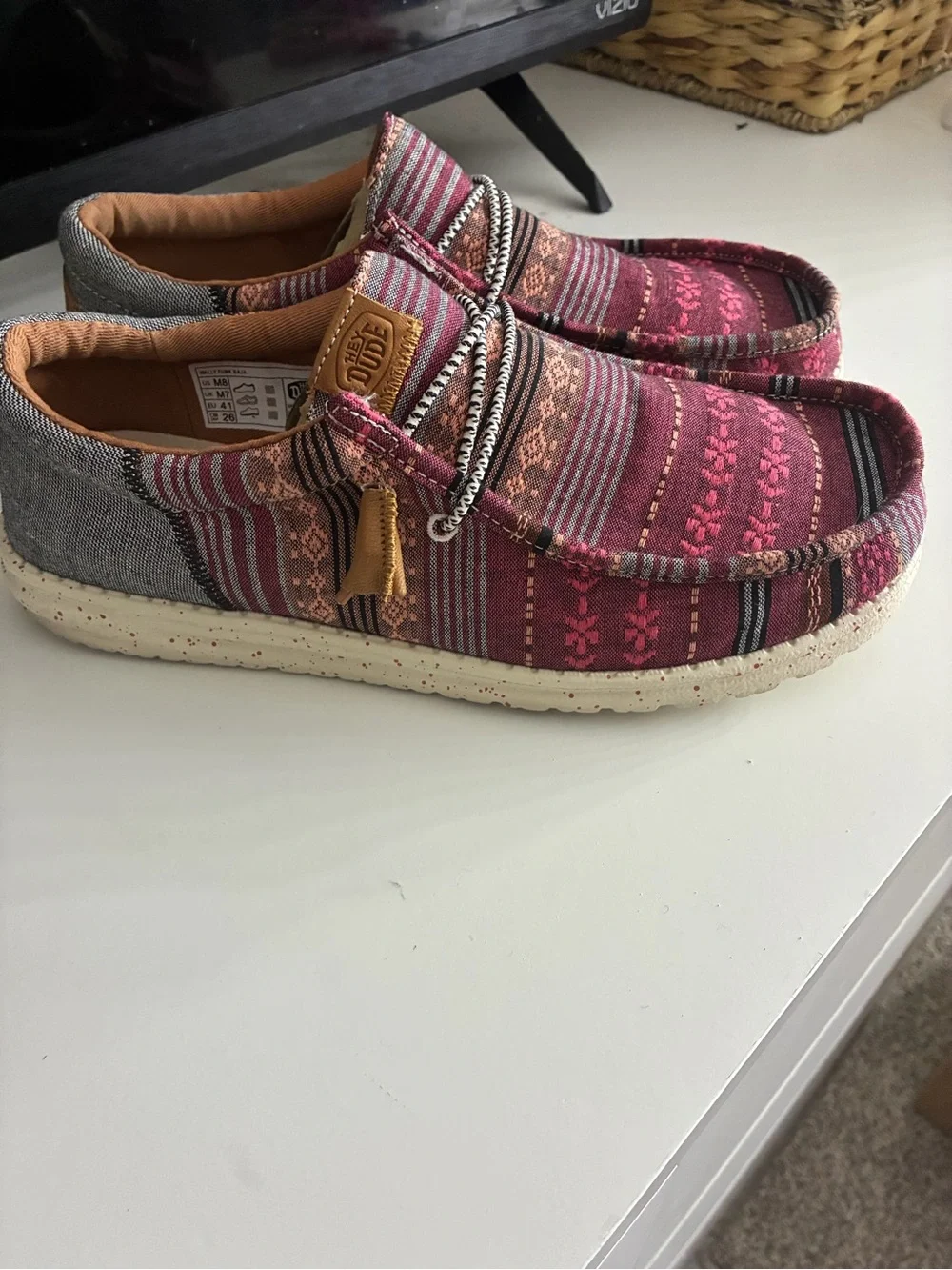 Hey Dude Men's Patterned Burgundy Pink Slip-On Loafers unisex
